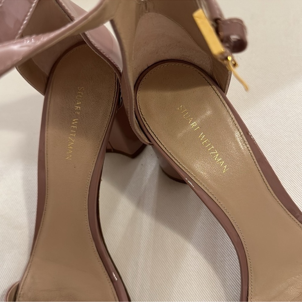 Stuart Weitzman “Less Nudist 75” Patent Leather Block Heel Sandals, Sz 9M - Picture 6 of 11